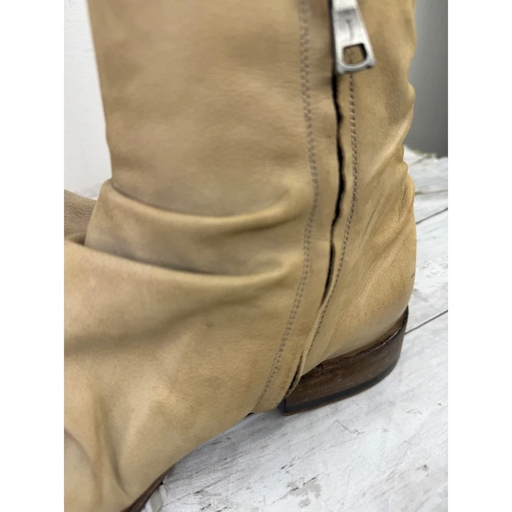 John Varvatos Tan Leather Slouchy Side Zip Ankle Boots Wood Heel